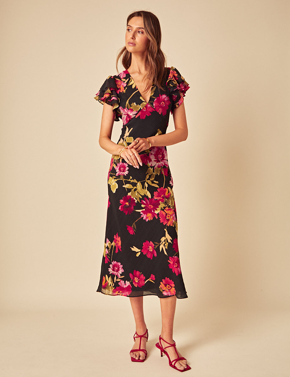 Black Floral Layla Midi Dress Black Floral Layla Midi Dress