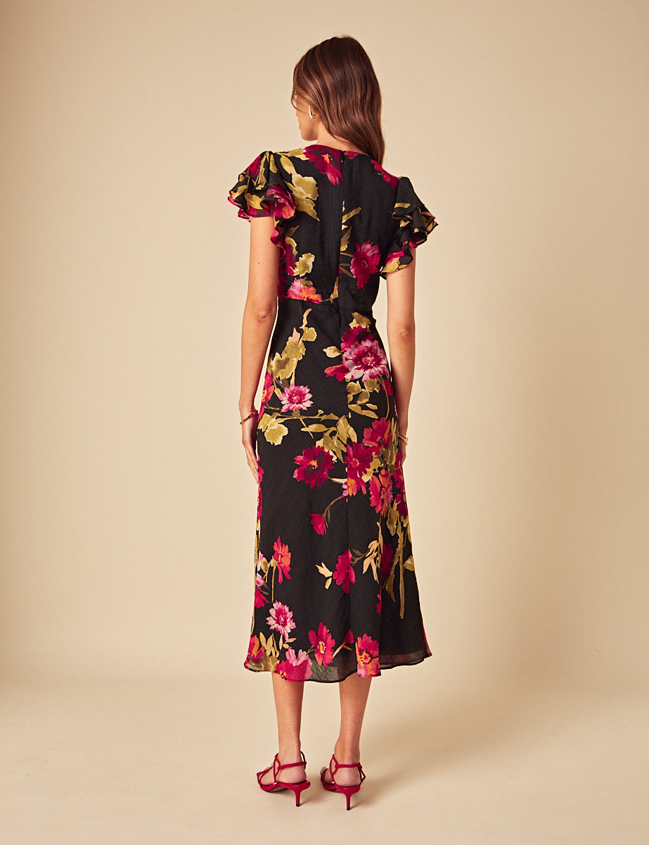 Black Floral V-Neck Short Sleeve Layla Midi Dress
