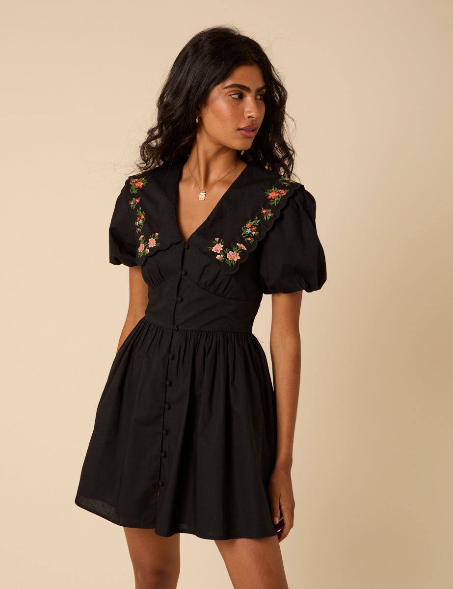 black floral embroidered dress MissJophiel V Neck Embroidery Midi with Sleeves Ivory / Above Knee / US6 Hang Or Line Dry Black Floral Embroidered Birdie Mini