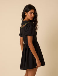 Black Floral Embroidered Birdie Mini Dress
