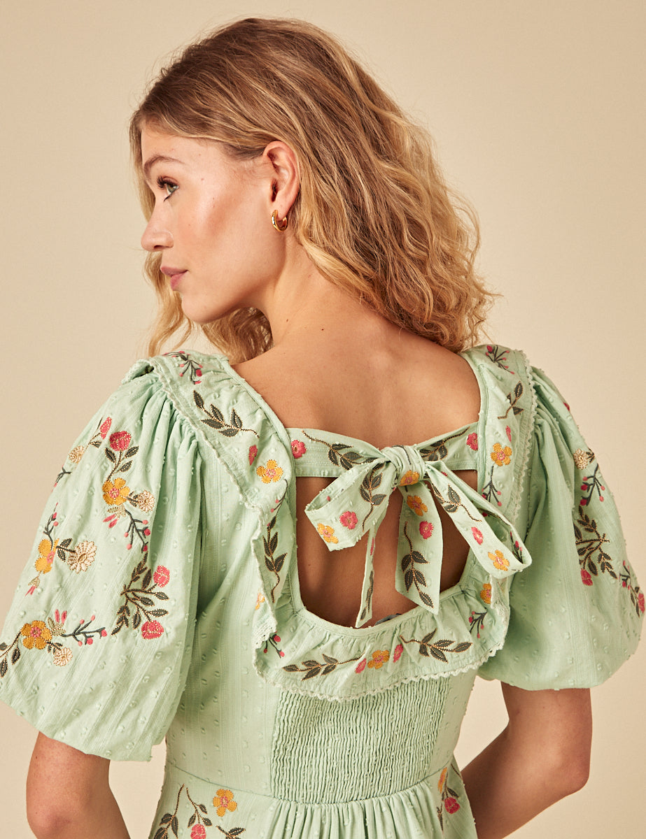 Elizabeth Scarlett Mint Green Floral Embroidered Asher Midi Dress Elizabeth Scarlett Mint Green Floral Embroidered Asher Midi Dress
