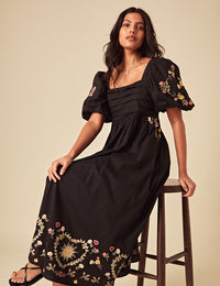 Elizabeth Scarlett Black Floral Embroidered Nova Midi Dress