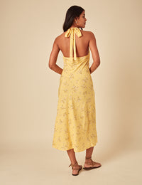 Elizabeth Scarlett Butter Yellow Floral Halter Neck Lyne Midi Dress