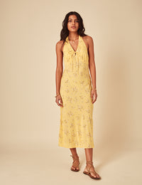 Elizabeth Scarlett Butter Yellow Floral Halter Neck Lyne Midi Dress