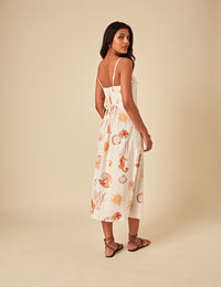 Elizabeth Scarlett White Linen-blend Shell Print Maddy Midi Dress