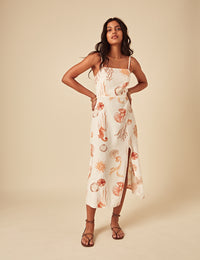 Elizabeth Scarlett White Linen-blend Shell Print Maddy Midi Dress