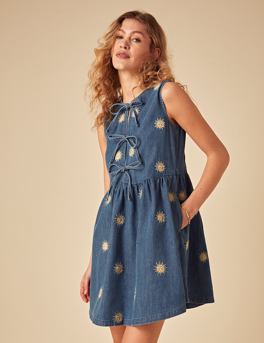Elizabeth Scarlett Blue Denim Sun Embroidered Eden Mini Dress