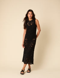 Poppy Delevingne Black Crochet Olympia Midi Dress