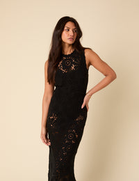 Poppy Delevingne Black Crochet Olympia Midi Dress