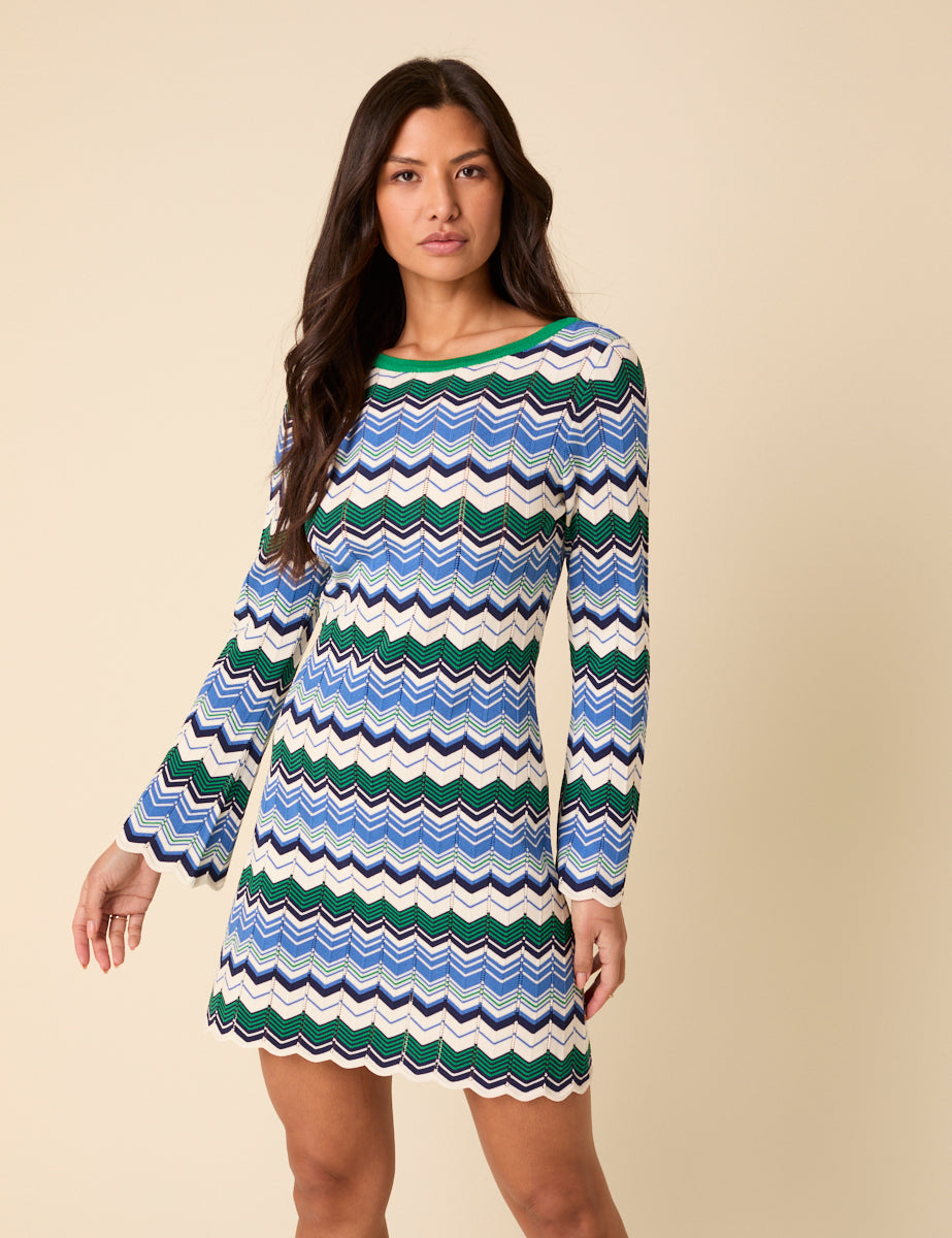 Green And Blue Striped Chevron Mini Dress Green And Blue Striped Chevron Mini Dress