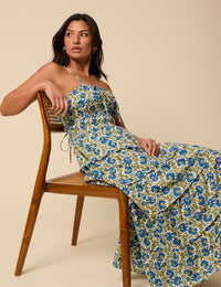 Blue and Green Woodblock Printed Olivia Midi Dress