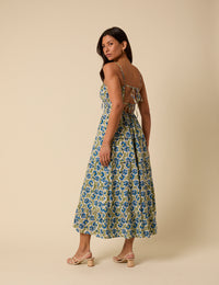 Blue and Green Woodblock Printed Olivia Midi Dress