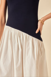 Navy And White Asymmetric Waist Midi Dress