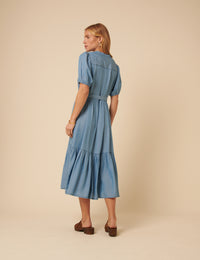 Blue Denim Tiered Clover Midi Dress