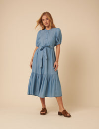 Blue Denim Tiered Clover Midi Dress
