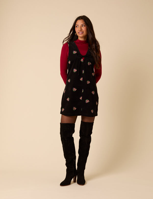 Black Floral Embroidered Cord Nila Pinafore Mini Dress