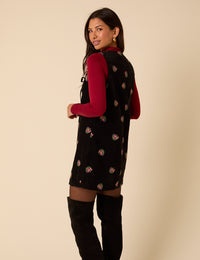 Black Floral Embroidered Cord Nila Pinafore Mini Dress
