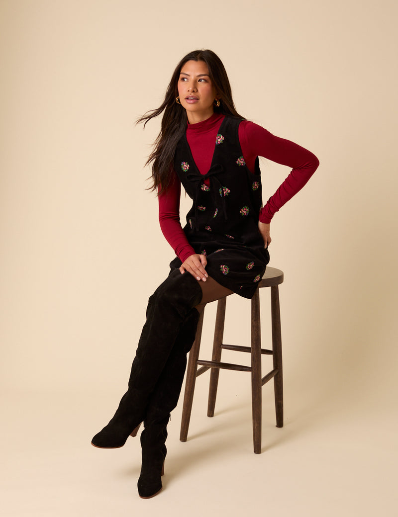 Black Floral Embroidered Cord Nila Pinafore Mini Dress