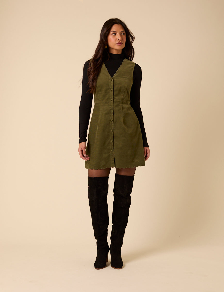 Green Cord Leone Pinafore Mini Dress Green Cord Leone Pinafore Mini Dress