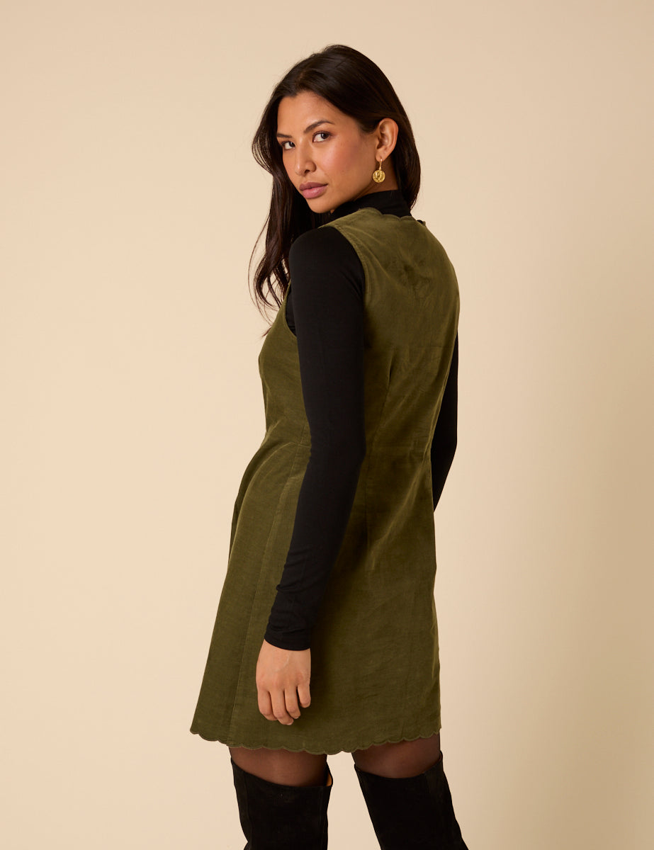 Green Cord Leone Pinafore Mini Dress