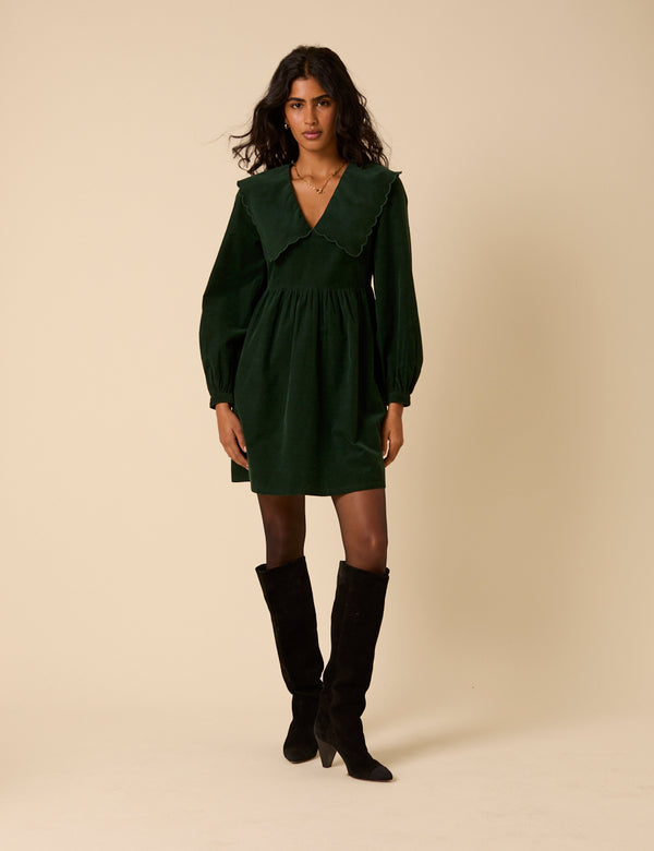 Green Peter Pan Collar Cord Cassis Mini Dress