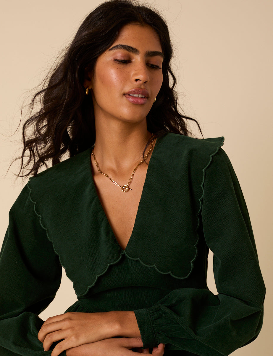 Green Peter Pan Collar Cord Cassis Mini Dress