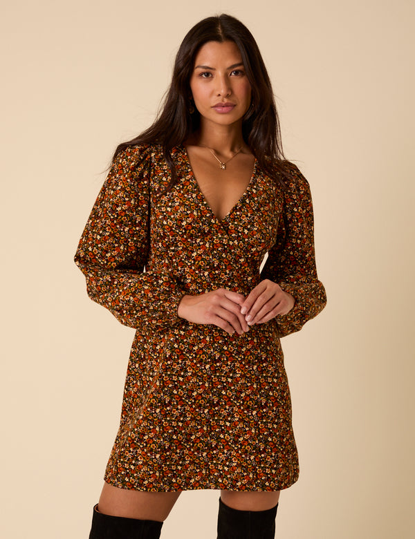 Black Ditsy Floral Puff Sleeve Fiora Mini Dress