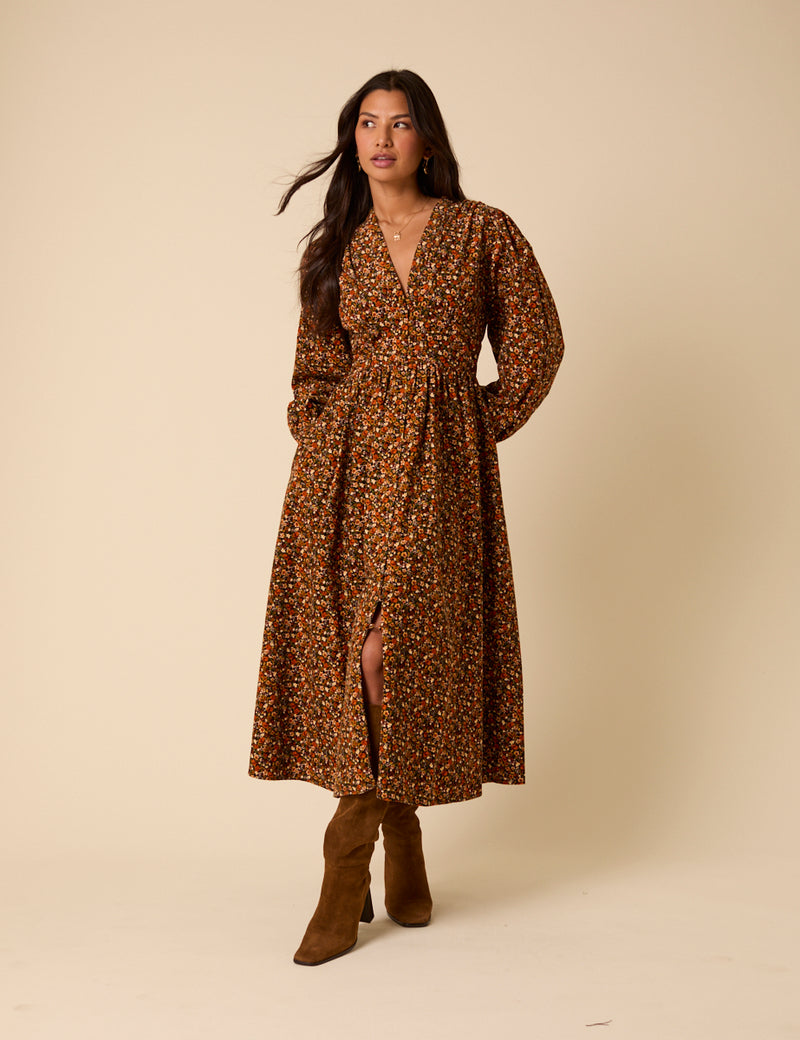 Black Ditsy Floral Cord Starlight Midi Dress