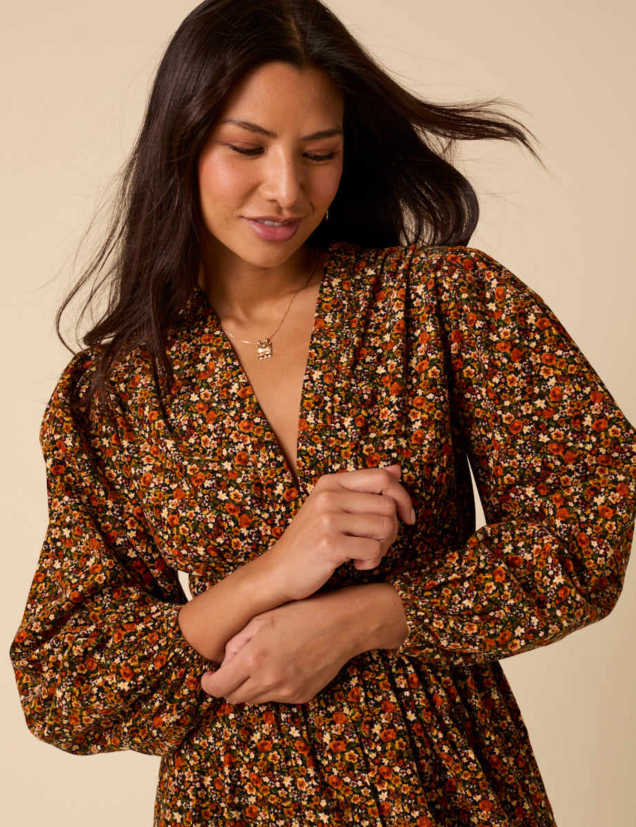 Black Ditsy Floral Cord Starlight Midi Dress