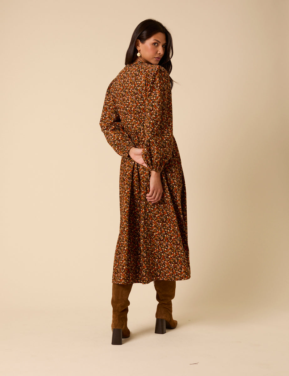 Black Ditsy Floral Cord Starlight Midi Dress