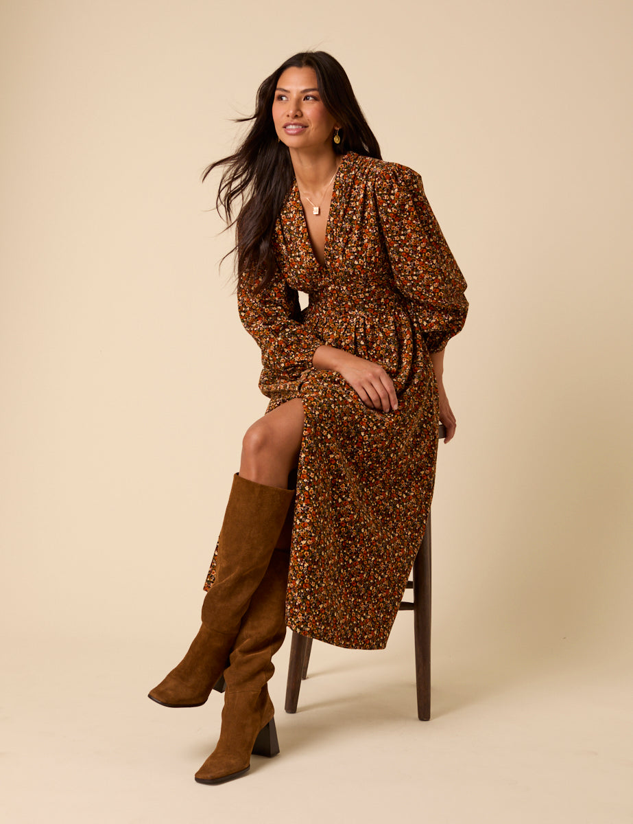 Black Ditsy Floral Cord Starlight Midi Dress