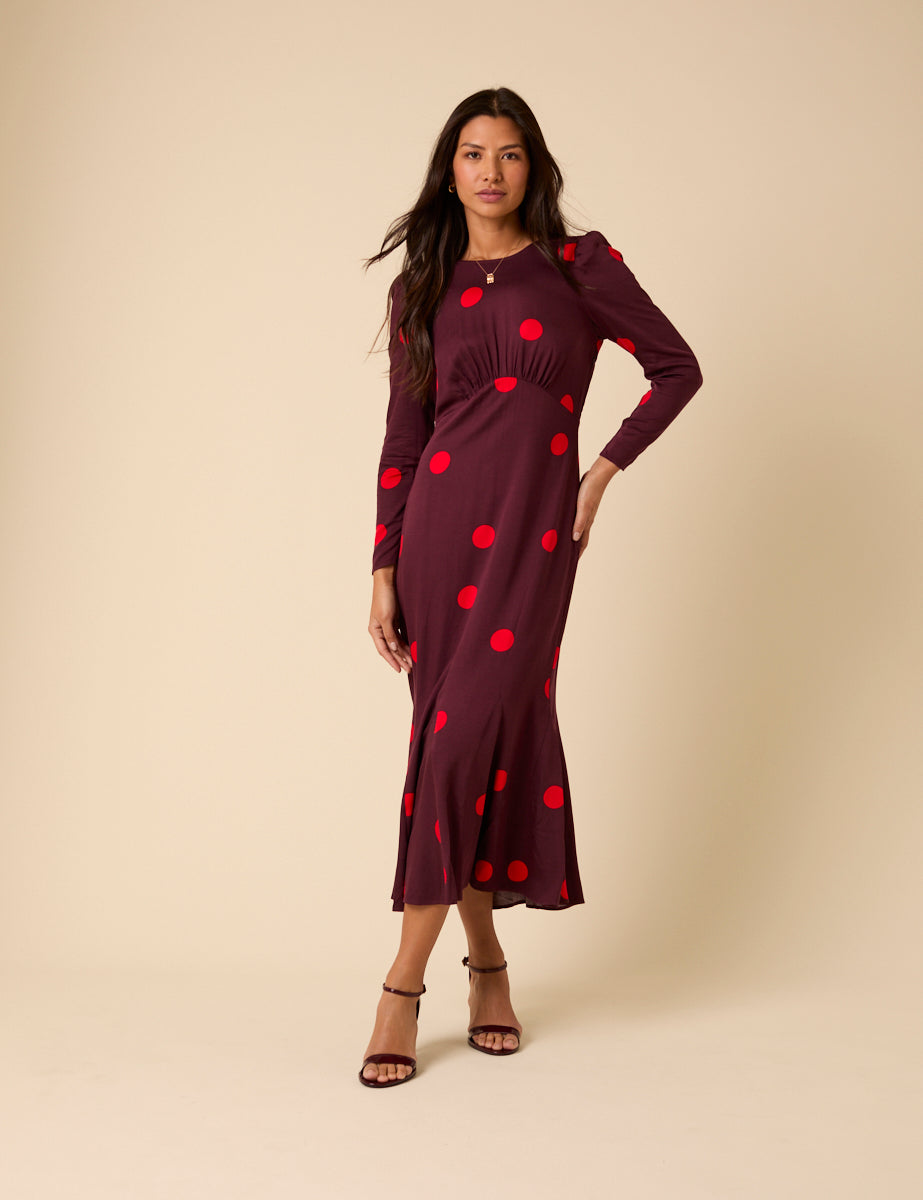 Burgundy Polka Dot Midi Dress Burgundy Polka Dot Midi Dress