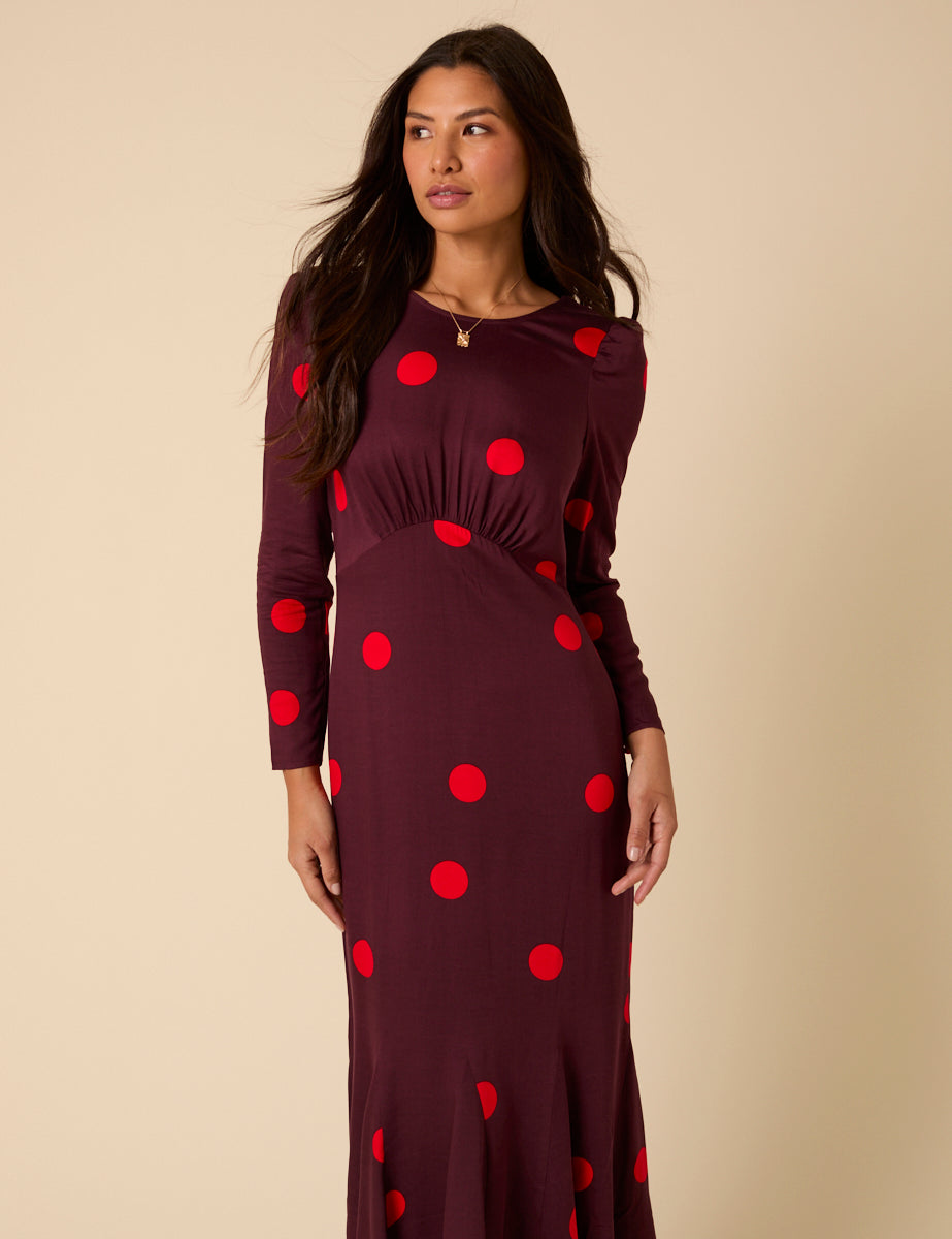 Burgundy Polka Dot Midi Dress