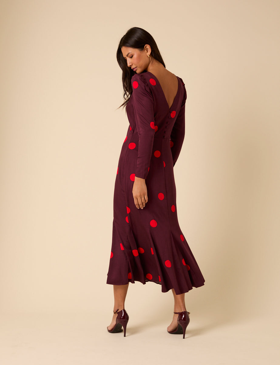 Burgundy Polka Dot Midi Dress