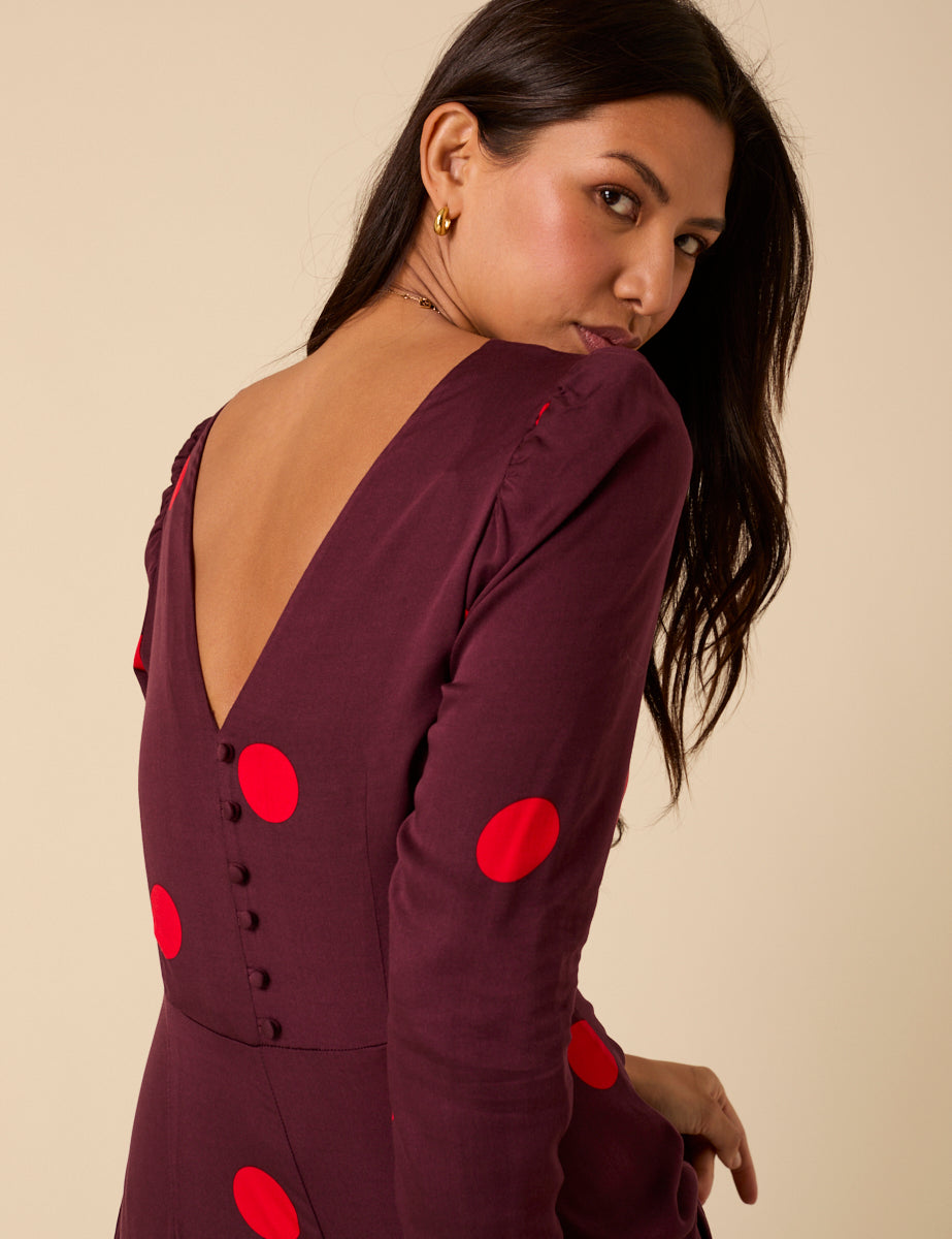 Burgundy Polka Dot Midi Dress