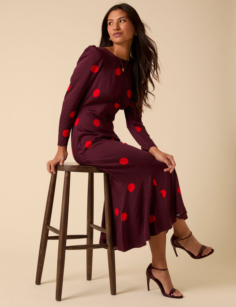 Burgundy Polka Dot Midi Dress
