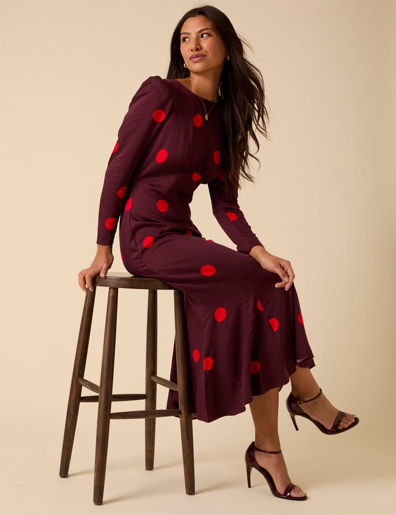 Burgundy Polka Dot Midi Dress
