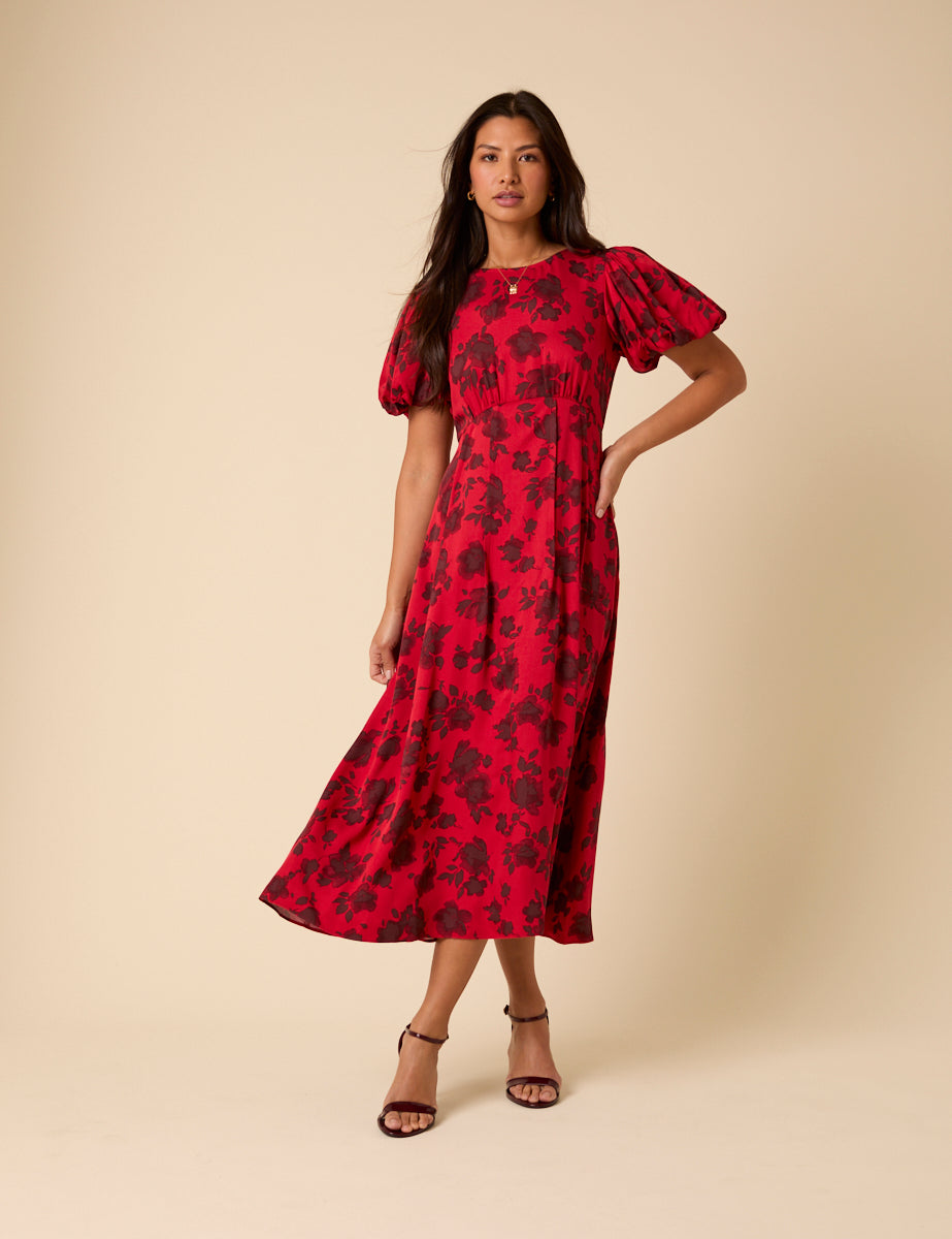 Red Puff Sleeve Quinn Midi Dress Red Puff Sleeve Quinn Midi Dress