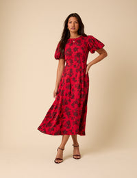 Red Puff Sleeve Quinn Midi Dress