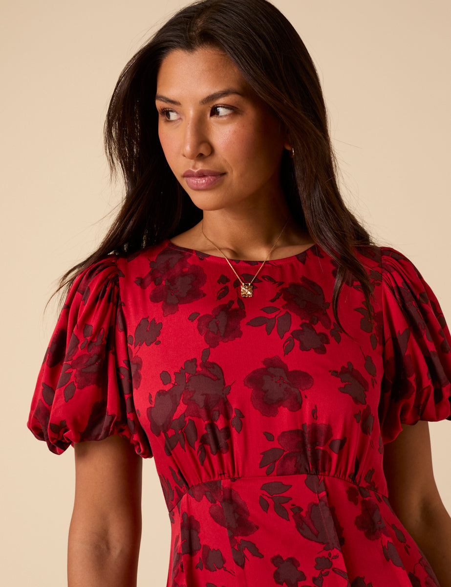 Red Puff Sleeve Quinn Midi Dress
