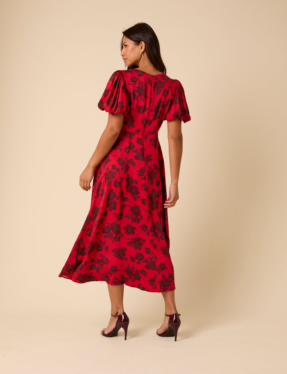 Red Puff Sleeve Quinn Midi Dress Red Puff Sleeve Quinn Midi Dress