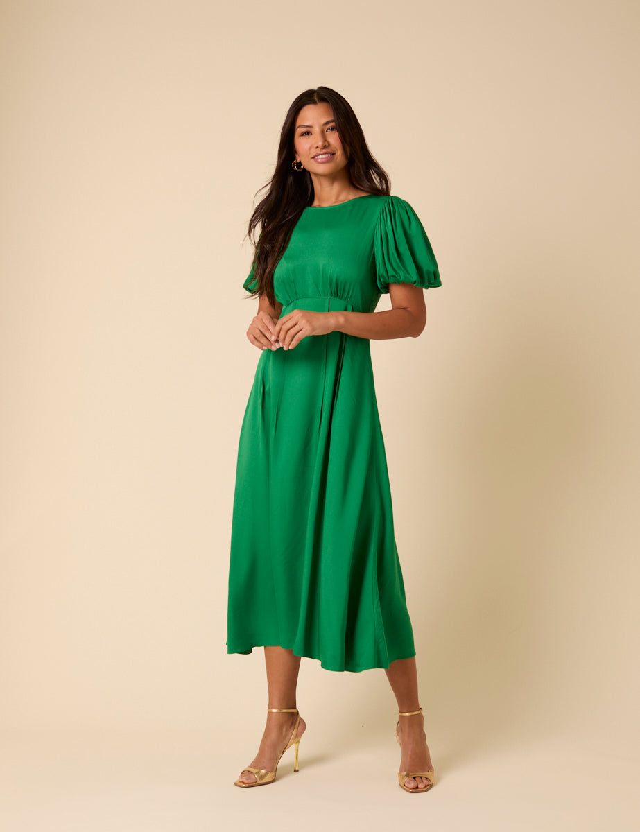 Green Satin Puff Sleeve Quinn Midi Dress Green Satin Puff Sleeve Quinn Midi Dress