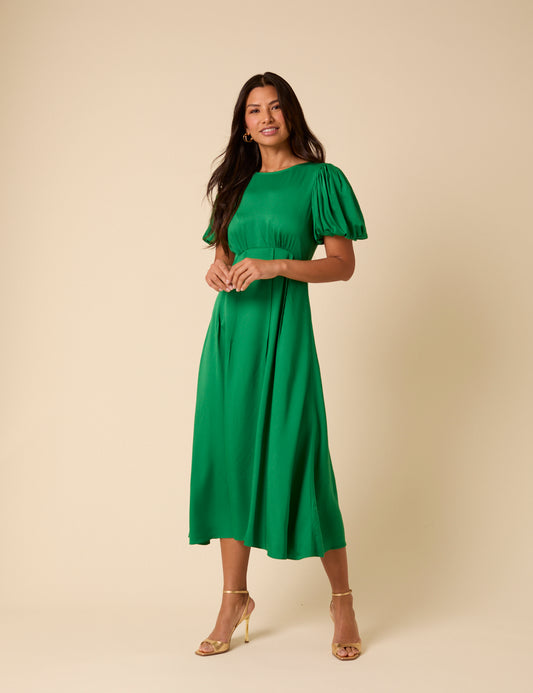 slim fit dress slacks Green Satin Puff Sleeve Quinn Midi Dress