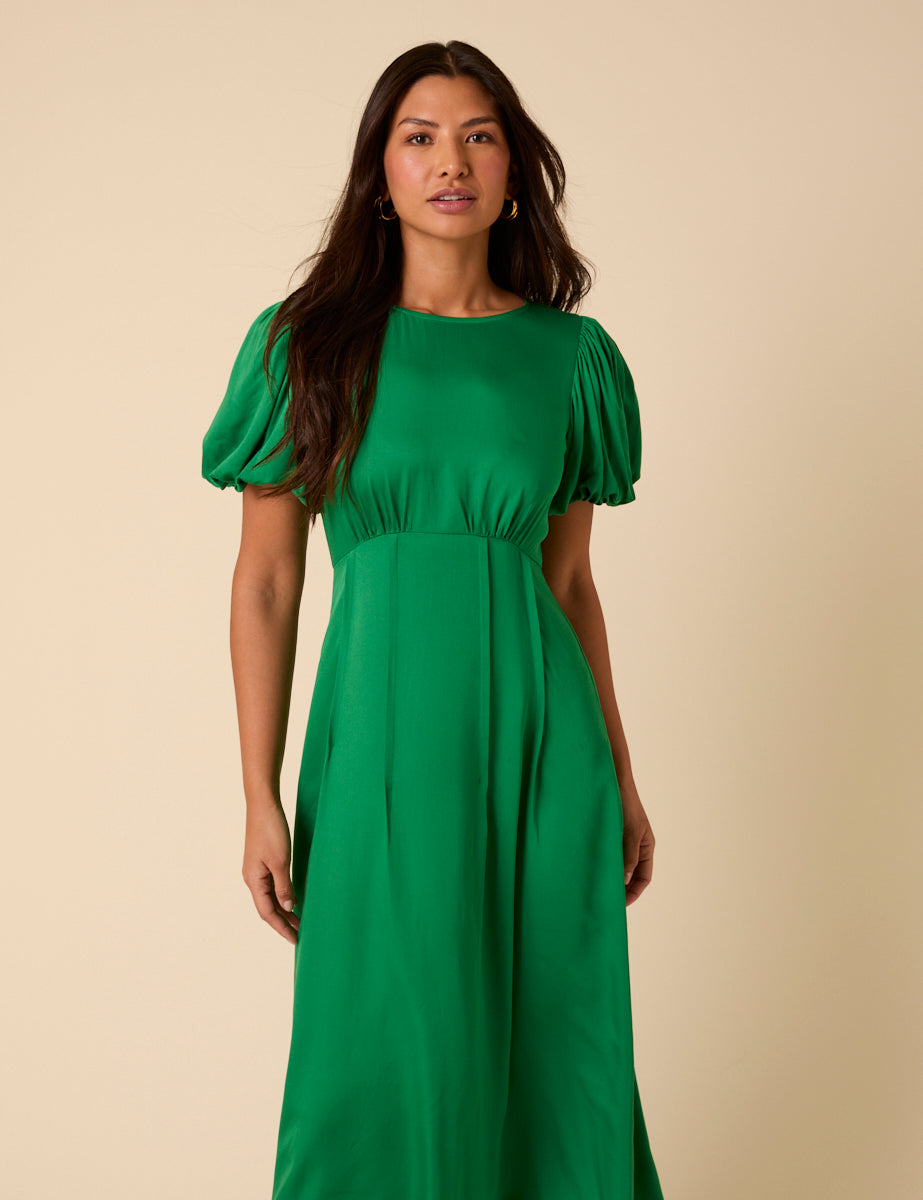 Green Satin Puff Sleeve Quinn Midi Dress Green Satin Puff Sleeve Quinn Midi Dress