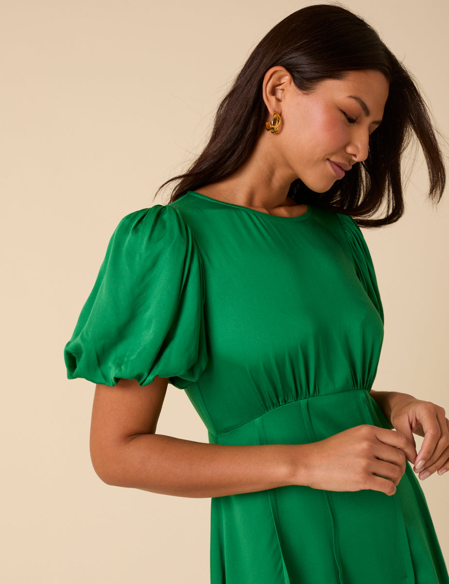 Green Satin Puff Sleeve Quinn Midi Dress Green Satin Puff Sleeve Quinn Midi Dress