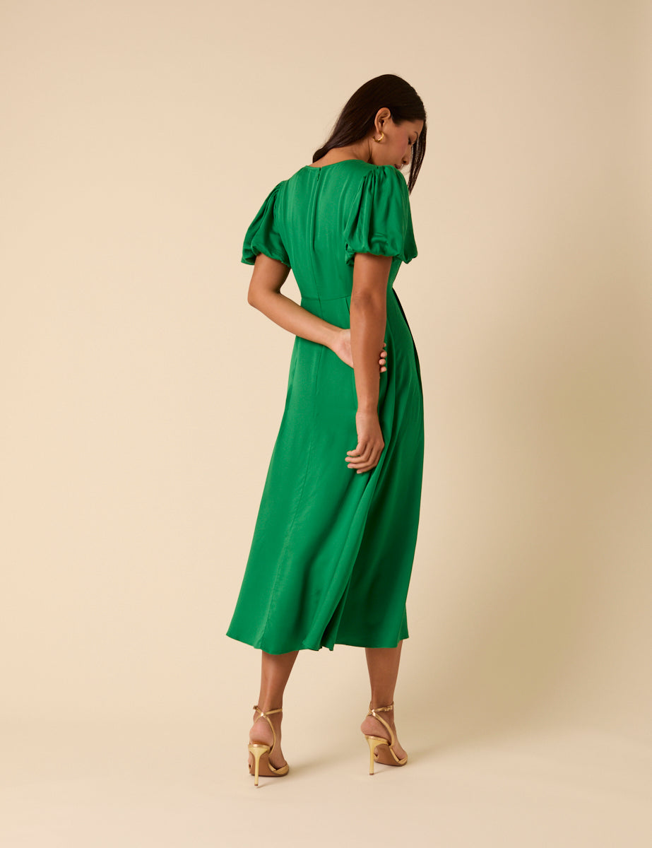 Green Satin Puff Sleeve Quinn Midi Dress