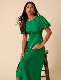 Green Satin Puff Sleeve Quinn Midi Dress
