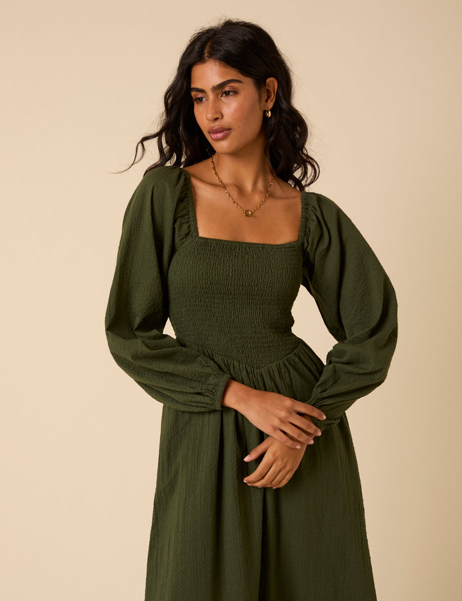Khaki Long sleeve Imogen Midi Dress