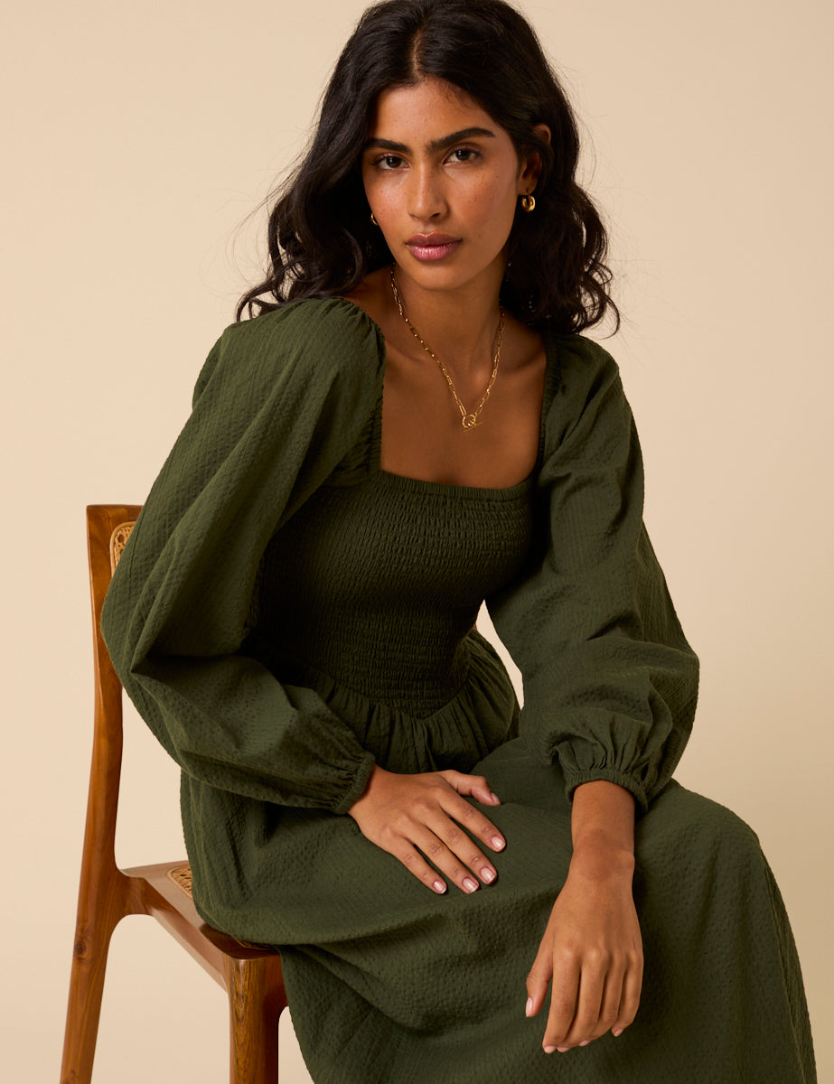 Khaki Long sleeve Imogen Midi Dress