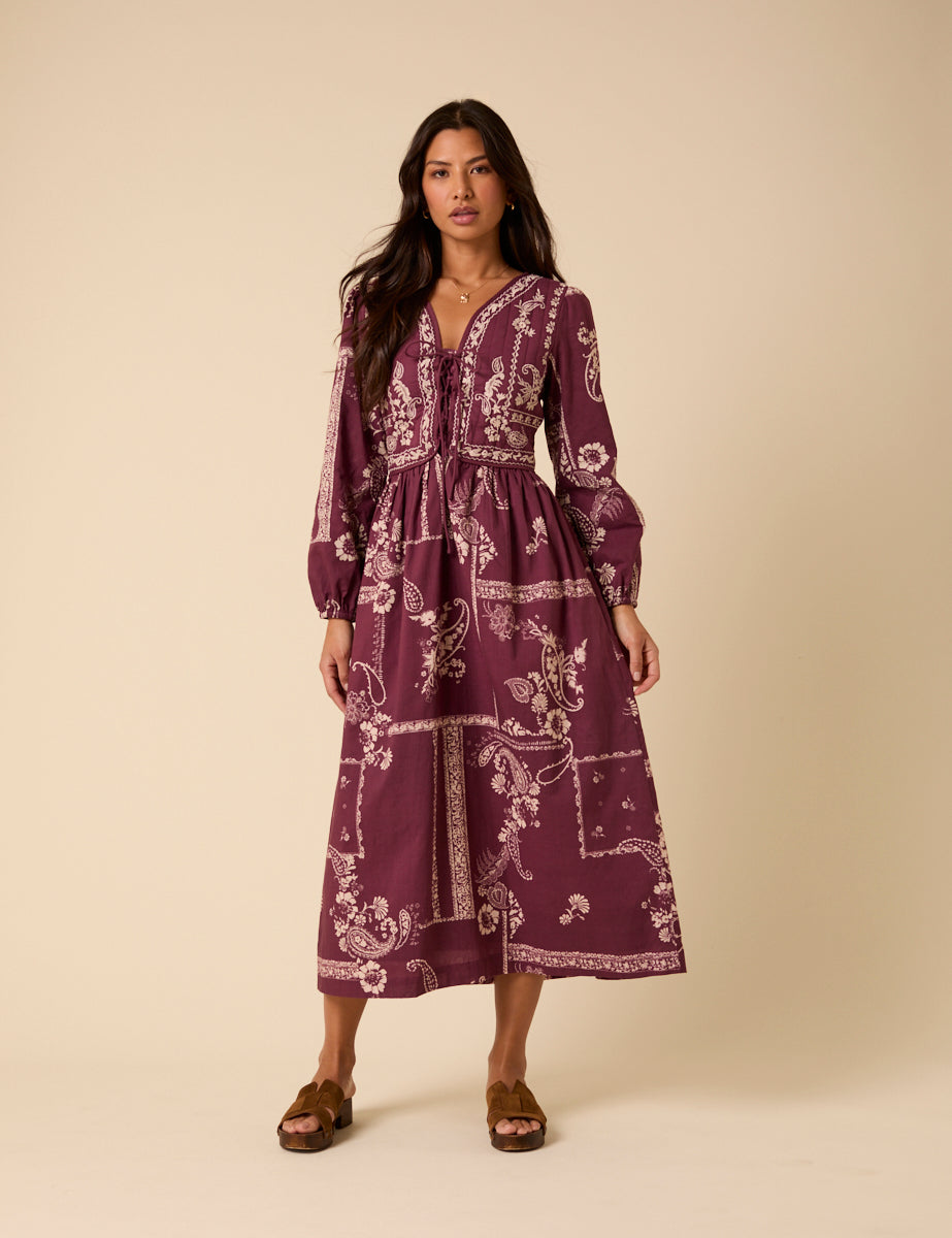 Purple Paisley Embroidered Quilted Monroe Midi Dress Purple Paisley Embroidered Quilted Monroe Midi Dress
